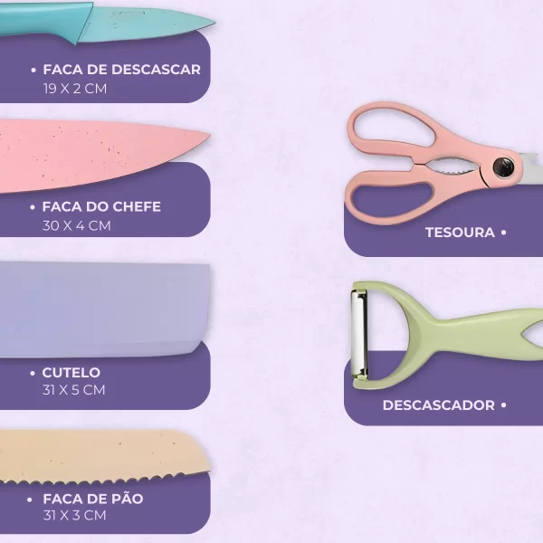 Conjunto de Facas 6 Peças Aço Inoxidável Colorido Multifunci - Image 7